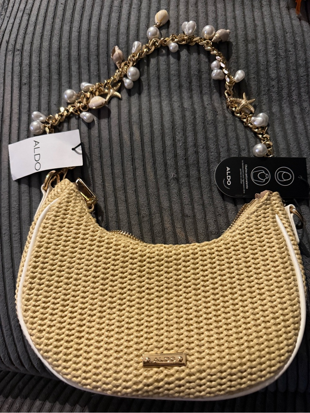 Aldo Cream Woven Crescent Shoulder Bag with Pearl-Embellished Chain